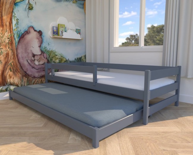 szare łóżko dla dzieci Maxi Low, niskie łóżko dla dwulatków, drewniane łóżko dla rodzeństwa, dwuosobowe łóżko wysuwane od producenta Valor Meble.jpg