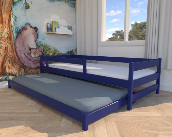 granatowe łóżko dla dzieci Maxi Low,  niskie łóżko wysuwane, drewniane łóżko dwuosobowe dla rodzeństwa, bezpieczne łóżko od proucenta Valor Meble.jpg