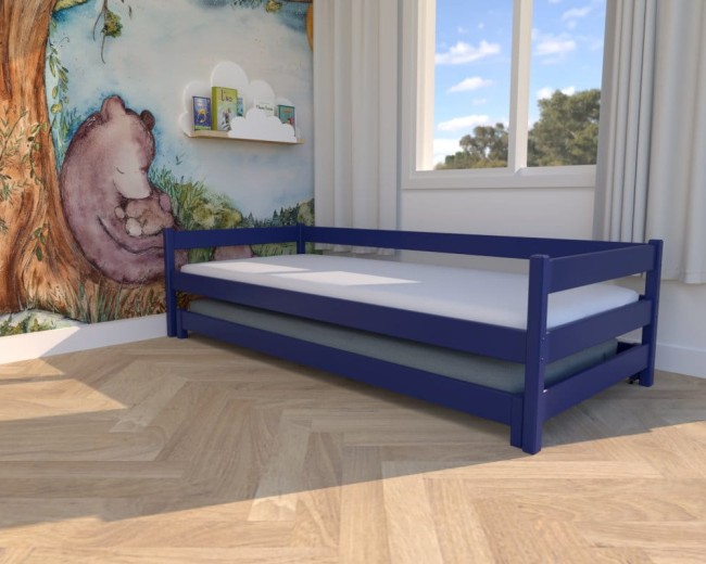 łóżko dla dzieci Maxi Low,  niskie łóżko wysuwane,  drewniane łóżko dwuosobowe dla rodzeństwa, granatowe bezpieczne łóżko od proucenta Valor Meble.jpg