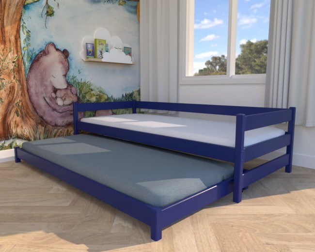 łóżko dla dzieci Maxi Low, granatowe niskie łóżko wysuwane, drewniane łóżko dwuosobowe dla rodzeństwa, bezpieczne łóżko od proucenta Valor Meble.jpg