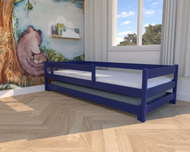 łóżko dla dzieci Maxi Low, niskie łóżko wysuwane,  drewniane łóżko dwuosobowe dla rodzeństwa, granatowe bezpieczne łóżko od proucenta Valor Meble.jpg