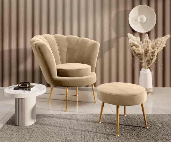 Fotel Shell + podnóżek - Magic Velvet 2281 gold legs.webp
