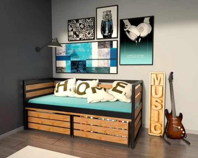 Stylowe łóżko młodzieżowe Gilbert Premium z gładkiego drewna sosnowego, wolne od sęków kolory czarny i  buk. Doskonały wybór do pokoju nastolatka.