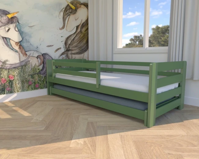 Łóżko w pokoju dwójki dzieci niskie wysuwane w kolorze oliwkowym idealne do małego pokoju od Valor Meble