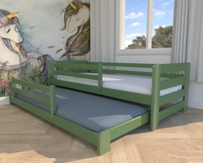 Niskie łózko dla 3 latków Jasio low w kolorze oliwkowym z barierkami zabezpieczającymi w nocy