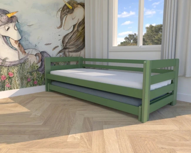 Łóżko Jasio Low niskie łóżko podwójne w wersji z kolorem oliwkowym złożone w pokoju dzieci