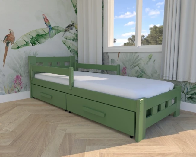 Łóżko drewniane - Paweł PREMIUM kolor oliwkowy szuflady z uchwytem 2 barierki