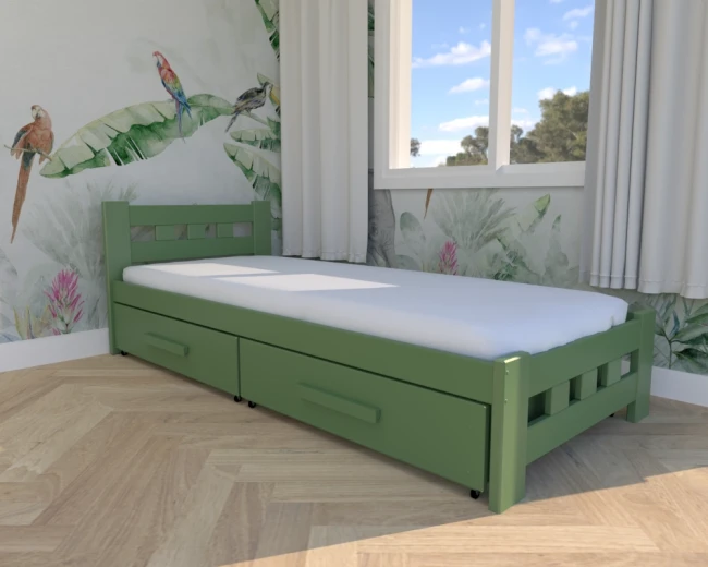 Łóżko drewniane - Paweł PREMIUM kolor oliwkowy szuflady z uchwytem opcja bez barierki