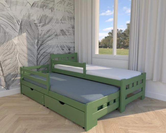Łóżko rozsuwane dwuosobowe -Paweł HIGH PREMIUM kolor oliwkowy rozłożone z barierkami
