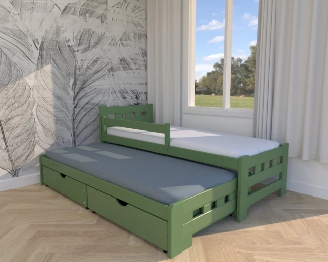 Łóżko rozsuwane dwuosobowe -Paweł HIGH PREMIUM kolor oliwkowy rozłożone z jedną barierką na górnym łóżku