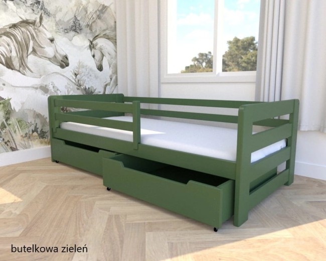 Łóżko dziecięce z drewna sosnowego Egon PREMIUM w pokoju nastolatki łóżko w kolorze butelkowej zieleni