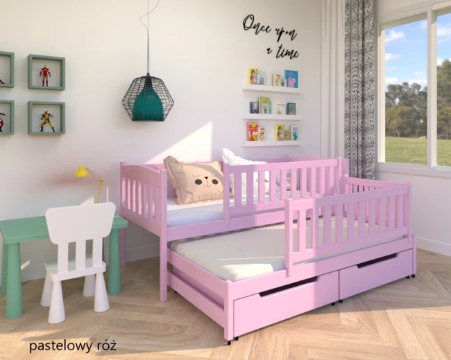 Łóżko rozsuwane dla sióstr- Hania PREMIUM w kolorze pastelowy róż, z barierkami ochronnymi i szufladami na pościel