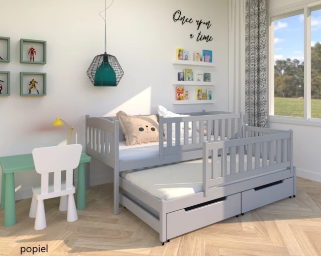 Łóżko rozsuwane Hania Premium w kolorze popielatym dla dwójki dzieci, podwójne spanie, do tego ma szuflady na pościel i barierki ochronne na noc