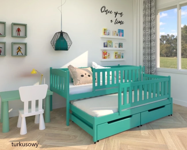 łóżko podwójne wysuwane dla dzieci Hania Premium z barierkami ochronnymi z szufladami a pościel od producenta Valor Meble kolor turkusowy.jpg