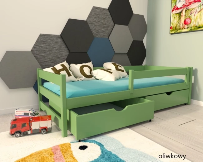 Oliwkowe łóżko dla dzieci z barierką Mini Premium pojedyncze z szufladami od producenta Valor Meble