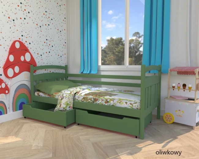 Tadek Premium  łózko w kolorze oliwkowym od Valor Meble drewniane łóżko w pokoju 3latki.webp