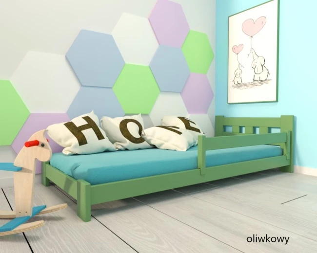 oliwkowe łóżko z drewna dla malutkich dzieci Paweł low, niska konstrukcja do spania w pokoju najmłodszych dzieci i kolorze oliwkowym od producenta Valor Meble