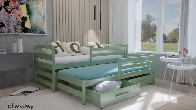 łóżko z wysuwanym materacem na dole Maja Premium,idealne łóżko dla dziewczynek, kolor oliwkowy, drewniane łózko dwuosobowe