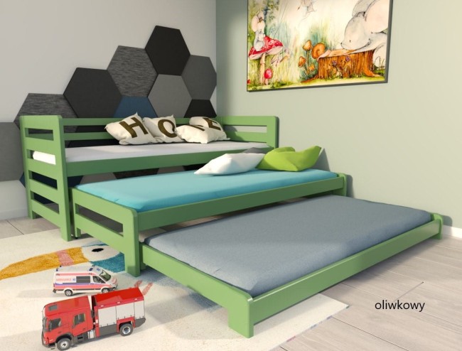potrójne łóżko wysuwane dla rodzeństwa Fox Premium z drewna sosnowego od producenta Valor Meble kolor oliwka