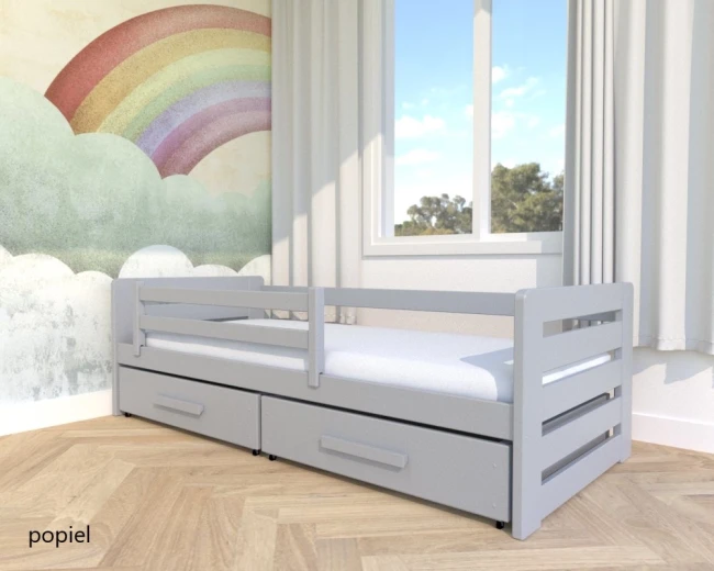 Dziecięce łóżko drewniane LAURA PREMIUM w pokoju chłopca w kolorze popieli