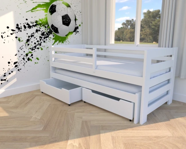 nowoczesne Białe łóżko dla dzieci Kubi Premium dla młodzieży rozsuwane dla rodzeństwa wysuwane z drewna sosnowego premium solidne z szufladami i mobilnymi barierkami.jpg