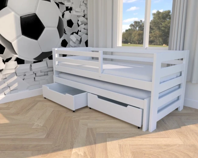 Białe łóżko dla dzieci Kubi Premium dla chłopaków rozsuwane dla rodzeństwa wysuwane z drewna sosnowego premium solidne z szufladami i mobilnymi barierkami.jpg