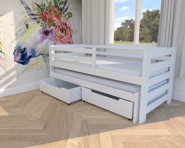 Drewniane białe łóżko dla siotsryczek, wysuwane dolne spanie łóżko Kubi Premium od Valor Meble