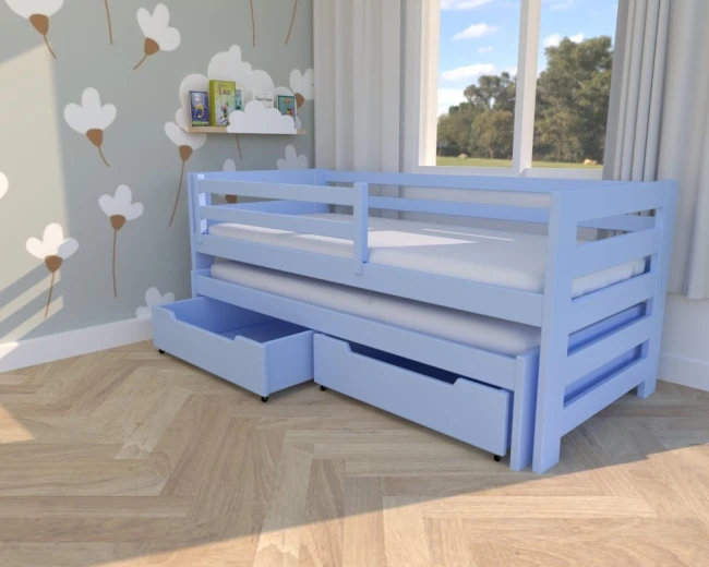 Błękitne łóżko dla dzieci i młodzieży Kubi Premium od Valor Meble, podwójne łóżko rozsuwane szufladami i barierka ochronną