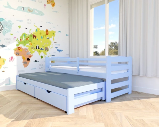 błękitne łóżko wysuwane Sara Premium dla rodzeństwa podwójne z drewna sosnowego od producenta Valor Meble z szuflada na pościel z barierką