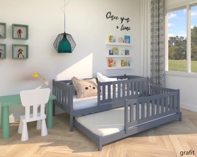 Łóżko dla przedszkolaków Hania Low PREMIUM grafit Zbliżenie na gładkie, bezpieczne i zaokrąglone krawędzie ramy