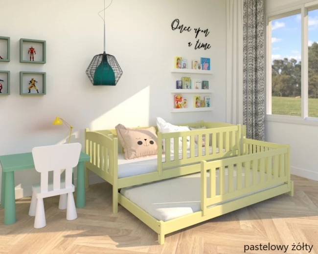 Ekologiczne farby wodne użyte do malowania łóżka dziecięcego Łóżko dla przedszkolaków Hania Low PREMIUM zolty