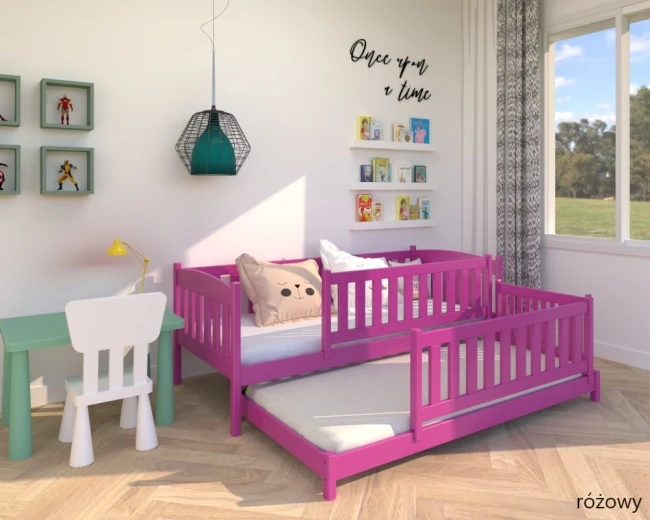 Front podwójnego łóżka z litego drewna klasy Premium bez sęków Łóżko dla przedszkolaków Hania Low PREMIUM róz