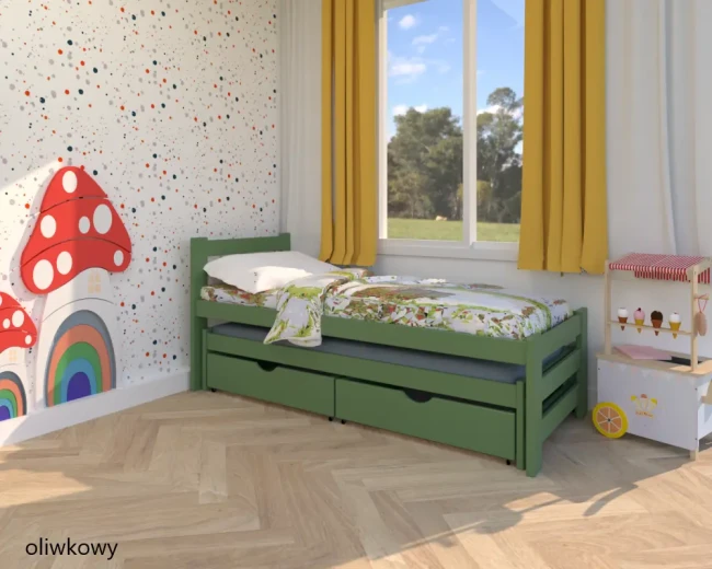 Łóżko podwójne dla rodzeństwa Paweł High 2 Premium w kolorze  oliwkowy, dwa spania, szuflady na pościel, modny kolor