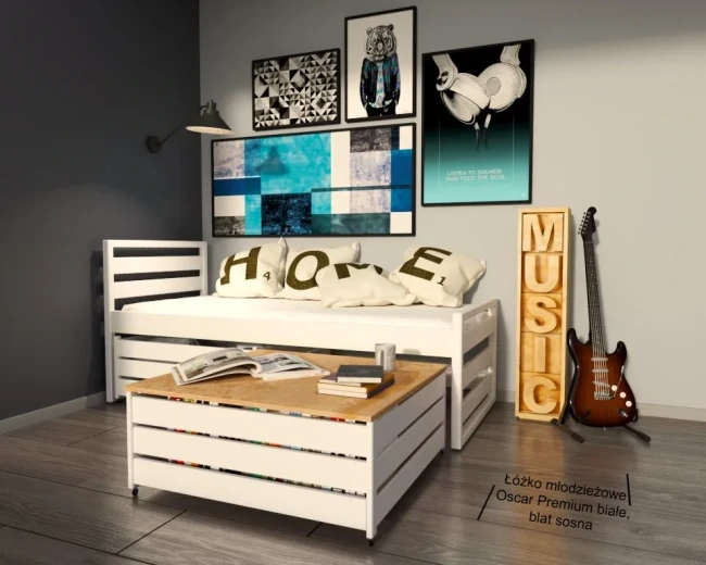 Łóżko młodzieżowe Oscar Premium kolor biały sosna blat