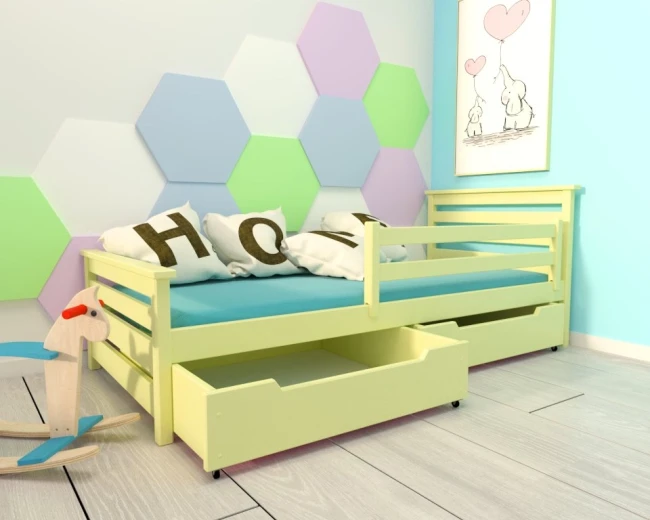 Adaś Premium łóżko pojedyncze dla dzieci i młodzieży z drewna z szufladami z barierką zabezpieczającą od producenta VAlor Meble kolor pastelowy żółty.jpg