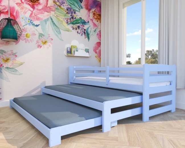 Łóżko potrójne 3w1 Stella Premium błękitne – dla trójki dzieci, drewniane, rozsuwane