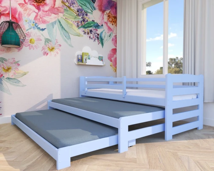 Łóżko potrójne 3w1 Stella Premium błękitne – dla trójki dzieci, drewniane, rozsuwane