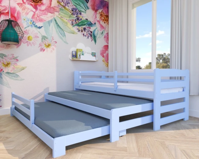 Rozsuwane łóżko dla trójki dzieci Stella Premium – zajmuje niewiele miejsca,kolor błękitny