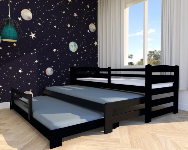 Łóżko potrójne 3w1 Stella Premium czarne – drewniane, wysuwane, dla trójki dzieci