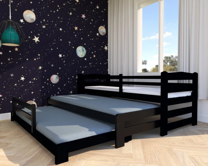 Łóżko potrójne 3w1 Stella Premium czarne – drewniane, wysuwane, dla trójki dzieci