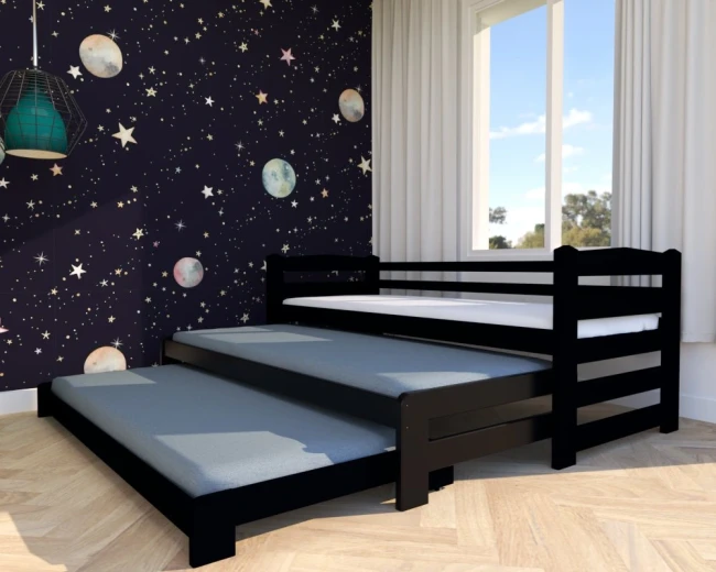 Czarne łóżko potrójne Stella Premium 3w1 – rozłożone trzy łóżka w pokoju dziecięcym