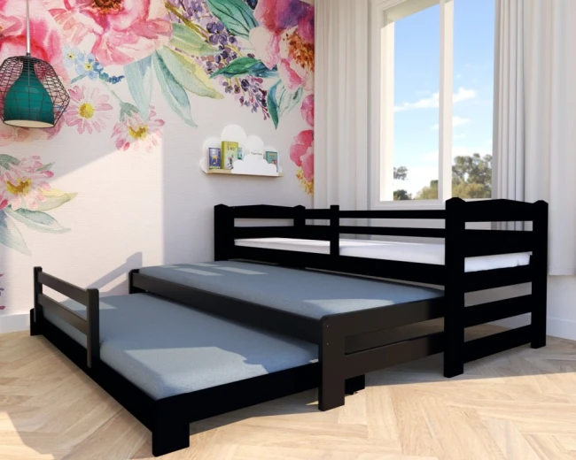 Łóżko Stella Premium 3w1 w kolorze czarnym – 3wysuwane poziomy spania dla trójki dzieci