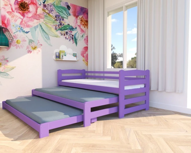 Fioletowe łóżko potrójne Stella Premium 3w1 – rozłożone trzy łóżka w pokoju dziecięcym