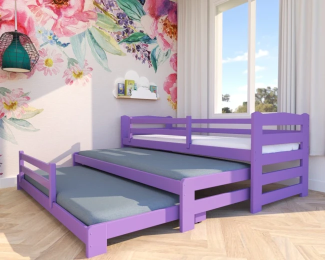 Łóżko Stella Premium 3w1 w kolorze fioletowym – 3wysuwane poziomy spania dla trójki dzieci