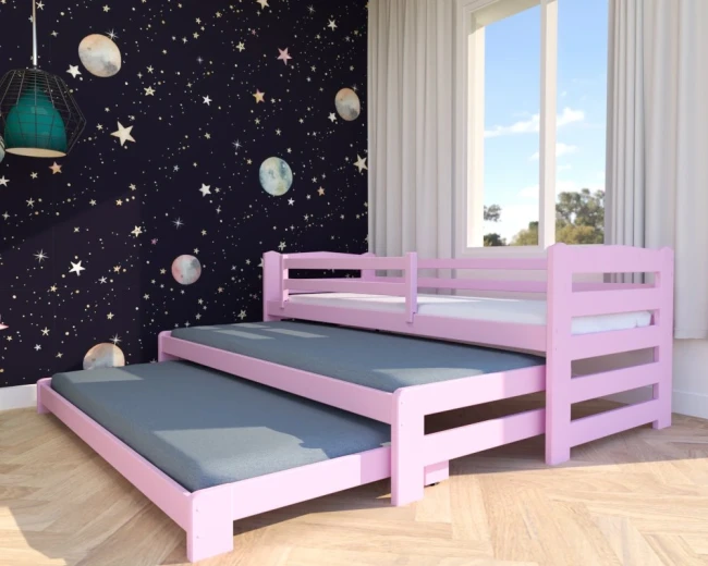 Wysuwane łóżko dziecięce Stella Premium w pastelowym różowym kolorze – trzy poziomy