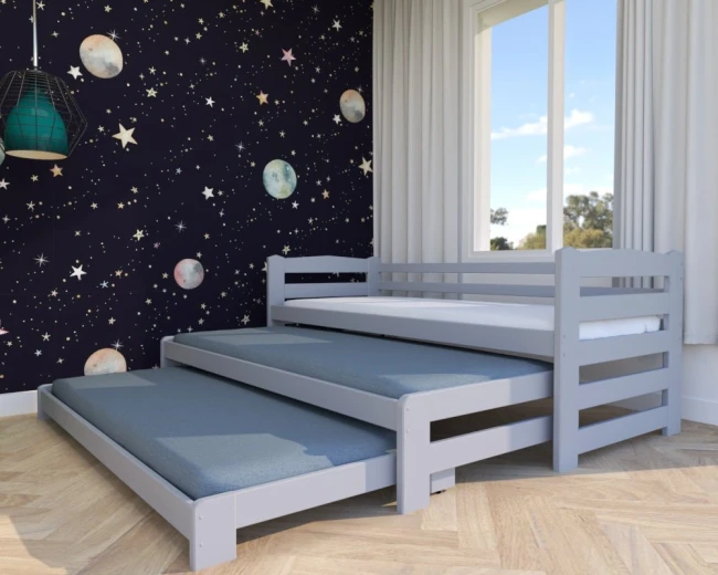 Łóżko dla trojaczków Stella Premium 3w1 popiel – potrójne, wysuwane, drewniane