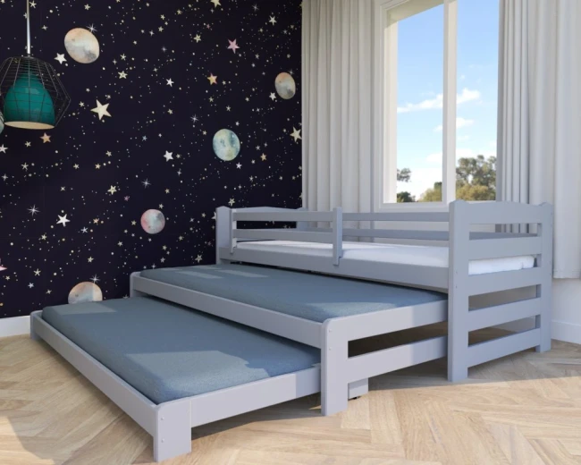 Szare łóżko Stella Premium 3w1 – trzy wysuwane poziomy do spania dla dzieci