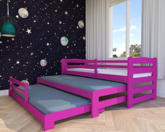 Różowe łóżko dla trojaczków Stella Premium 3w1 – potrójne, wysuwane, drewniane