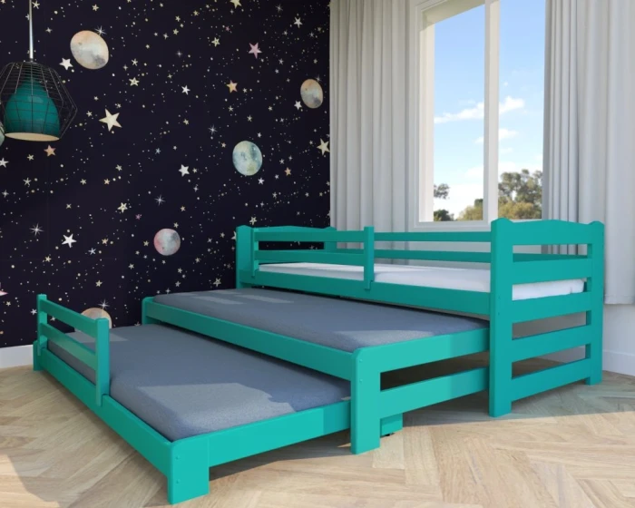 Turkusowe łóżko dla trojaczków Stella Premium 3w1 – potrójne, wysuwane