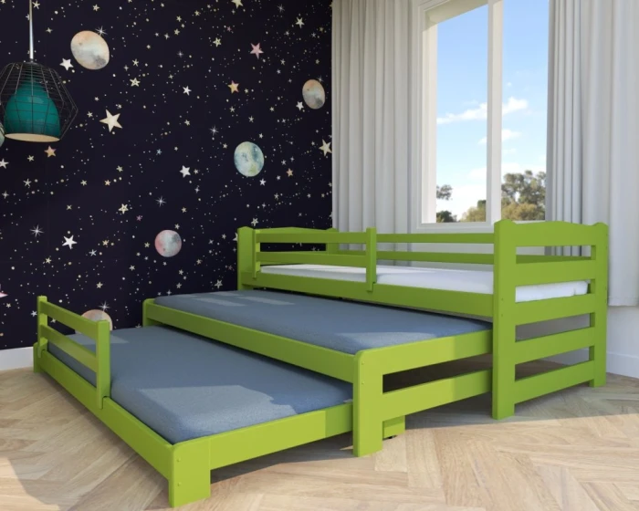Zielone łóżko dla trojaczków Stella Premium 3w1 – potrójne, wysuwane 